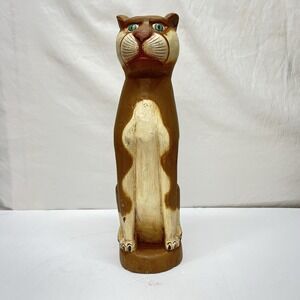Vintage Wooden Cat Figurine Hand Carved Indonesia